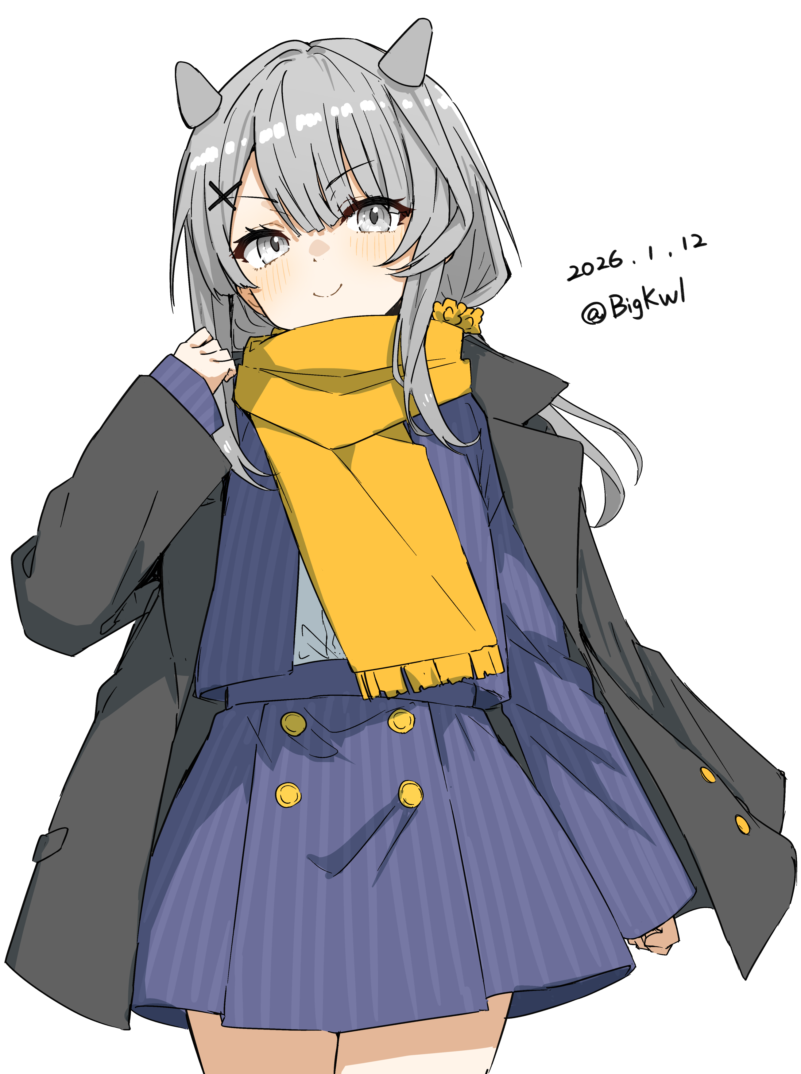bigkwl, i-201 (kancolle), i-201 (valentine) (kancolle), kantai collection, absurdres, commentary request, highres, 1girl, coat, dated, dress, fake horns, grey coat, grey eyes, grey hair, hair ornament, horned headwear, horns, long hair, long sleeves, official alternate costume, orange scarf, scarf, smile, solo, striped clothes, striped dress, x hair ornament
