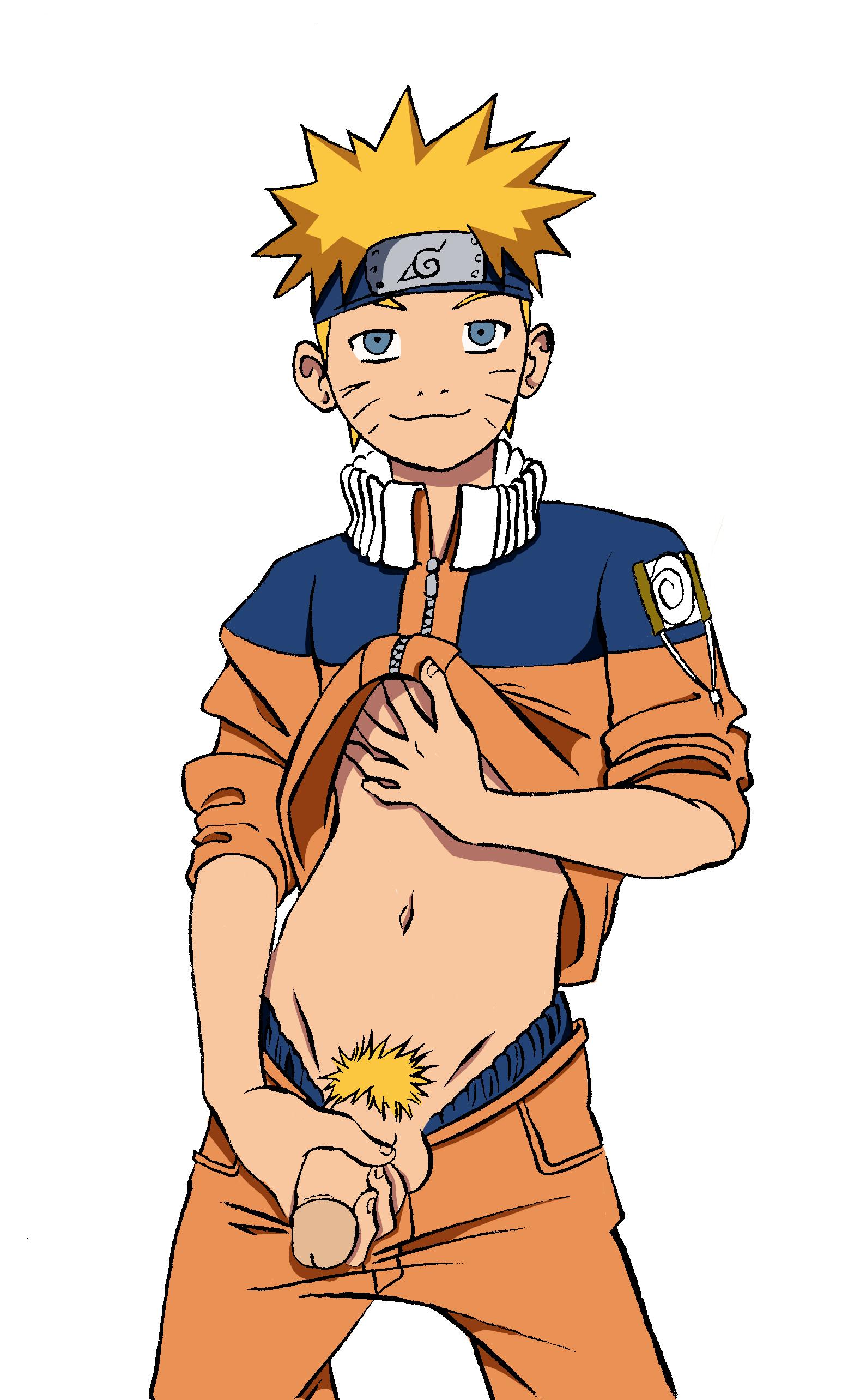 edi shota, uzumaki naruto, naruto (classic), naruto (series), absurdres, highres, third-party edit, aged down, blonde hair, blue eyes, boxers, clothes lift, erection, headband, male focus, male underwear, masturbation, navel, ninja, oekaki, penis, pubic hair, shirt lift, short hair, shota, simple background, smile, smirk, solo, solo focus, spread legs, standing, testicles, uncensored, underwear
