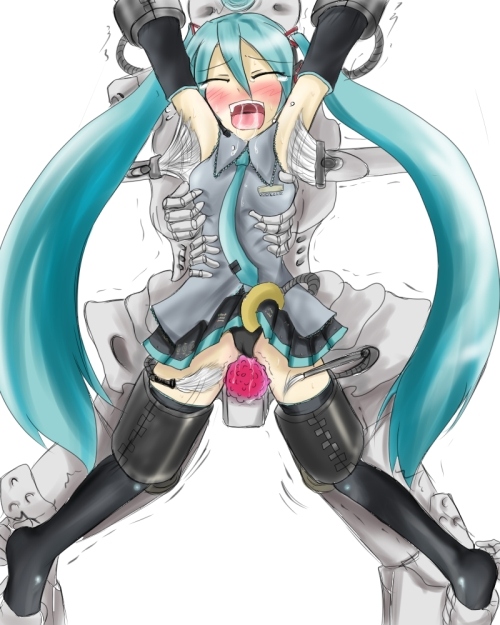 hatsune miku, vocaloid, brush, 1girl, aqua hair, armpits, bdsm, black thighhighs, blush, bondage, bound, closed eyes, long hair, machine, necktie, pain, panties, saliva, sex toy, simple background, skirt, thighhighs, tickle torture, tickling, torture, twintails, underwear, vibrator, white background, zettai ryouiki