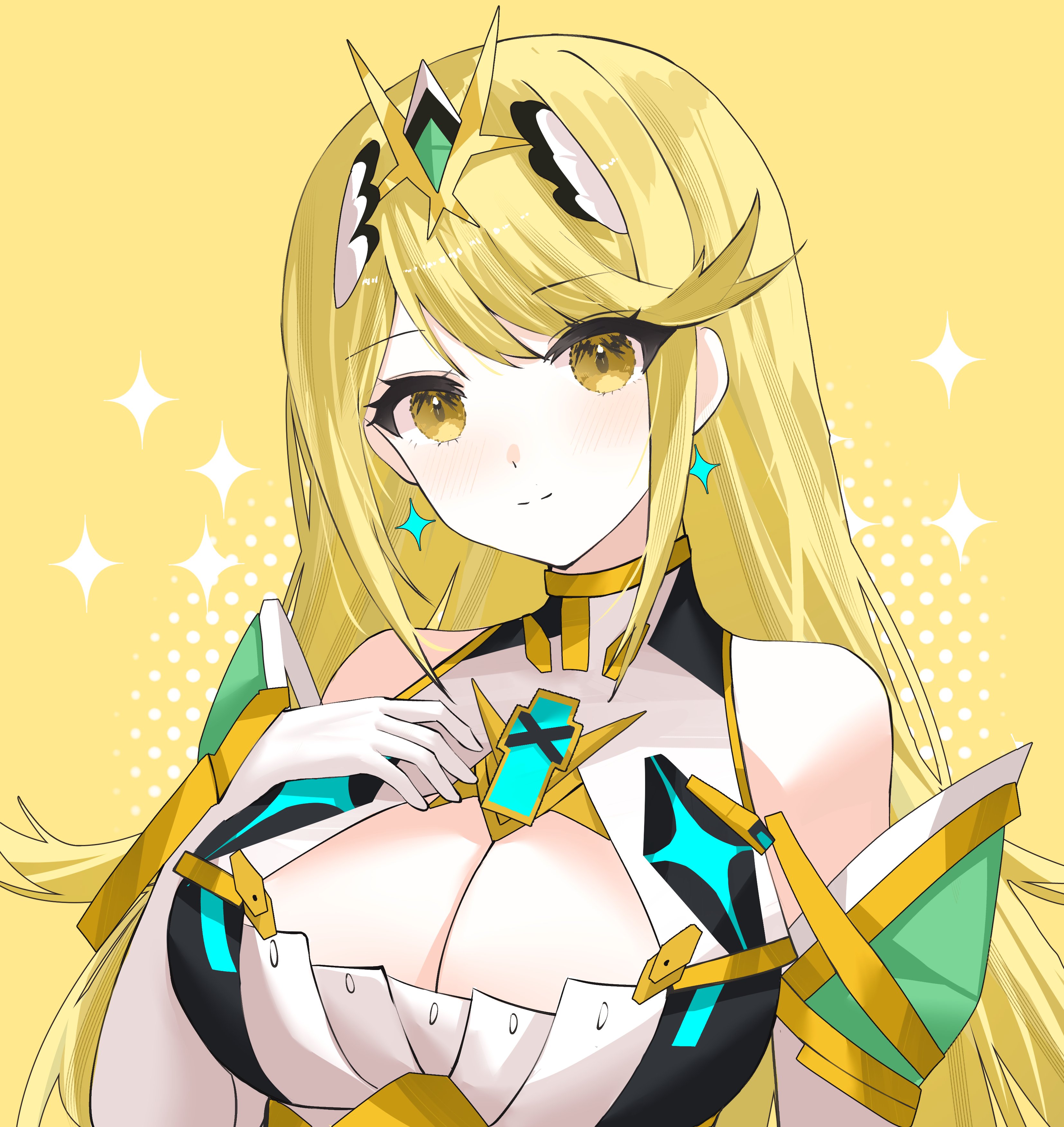 northertrain, mythra (xenoblade), xenoblade chronicles (series), xenoblade chronicles 2, absurdres, hashtag-only commentary, highres, 1girl, bare shoulders, blonde hair, blush, breasts, chest jewel, cleavage, cleavage cutout, closed mouth, clothing cutout, dress, long hair, simple background, smile, solo, sparkle, tiara, white dress, yellow background