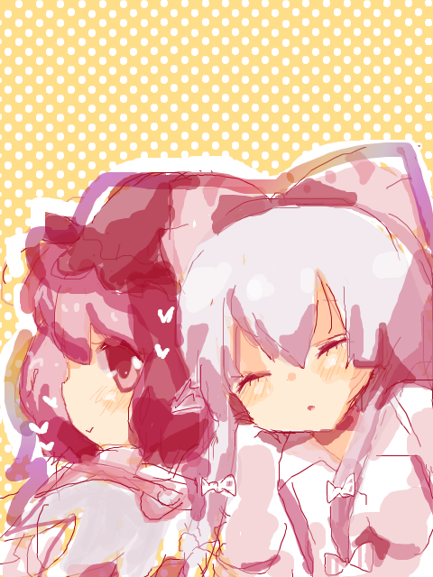 mo-no, fujiwara no mokou, mystia lorelei, touhou, artist request, 2girls, closed eyes, female focus, hair ribbon, hat, heart, multiple girls, profile, ribbon, smile, tegaki