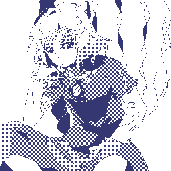 takishima asaka, yasaka kanako, touhou, 1girl, dithering, female focus, head rest, long sleeves, monochrome, oekaki, purple theme, short hair, simple background, sitting, solo