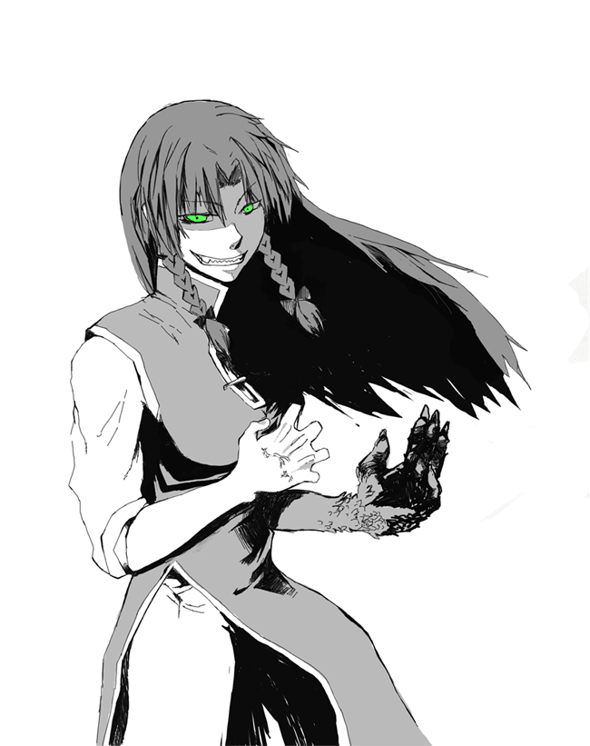 kamaboko tarou, ex-meiling, hong meiling, hong meiling (dragon), touhou, artist request, 1girl, blood, braid, chinese clothes, clenched teeth, dragon girl, female focus, fighting stance, green eyes, green hair, greyscale, grin, long hair, matching hair/eyes, monochrome, monster girl, sharp teeth, sleeves rolled up, smile, solo, spot color, teeth, twin braids, wind