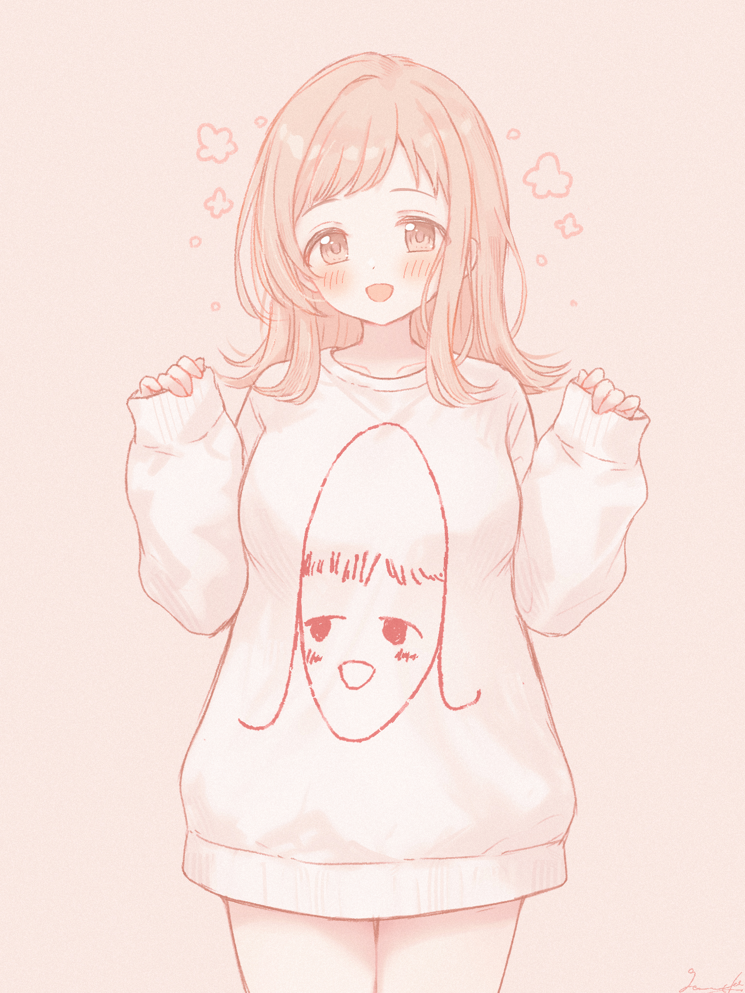 gameso, sakuragi mano, idolmaster, idolmaster shiny colors, commentary request, highres, 1girl, :d, blush, breasts, brown background, brown eyes, brown hair, hands up, long hair, long sleeves, medium breasts, open mouth, pinching sleeves, print sweater, puffy long sleeves, puffy sleeves, signature, simple background, sleeves past wrists, smile, solo, sweater, white sweater