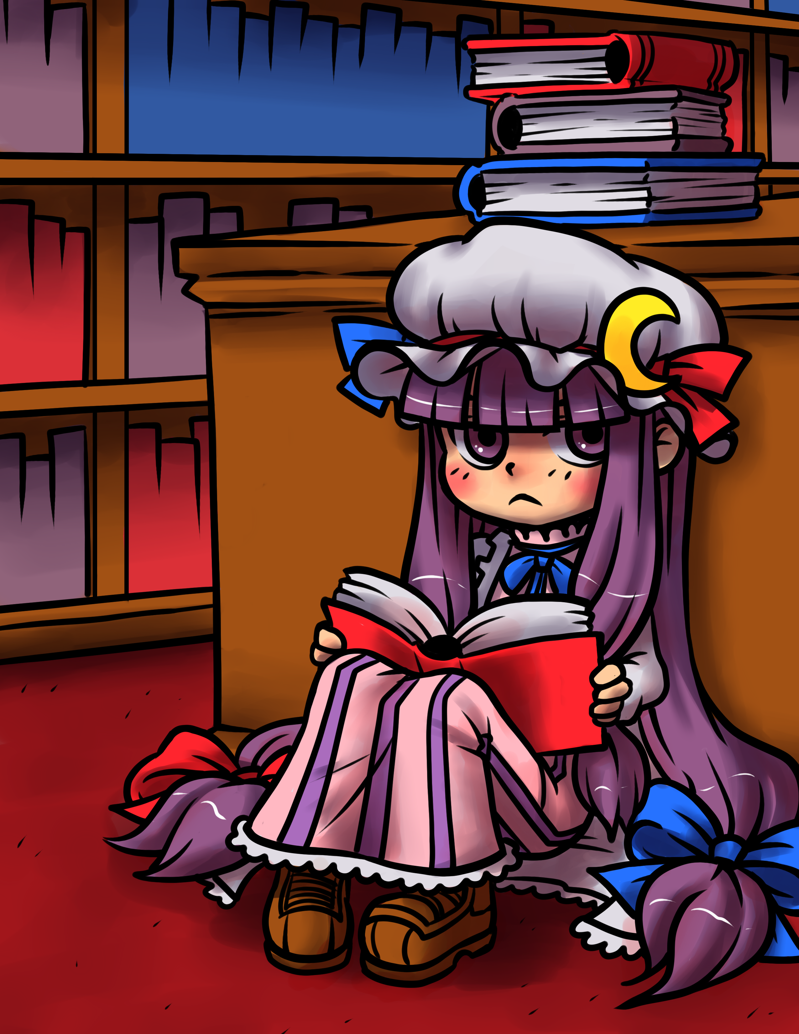 kouotsu, patchouli knowledge, touhou, absurdres, highres, 1girl, book, female focus, library, open book, reading, sitting, solo, voile