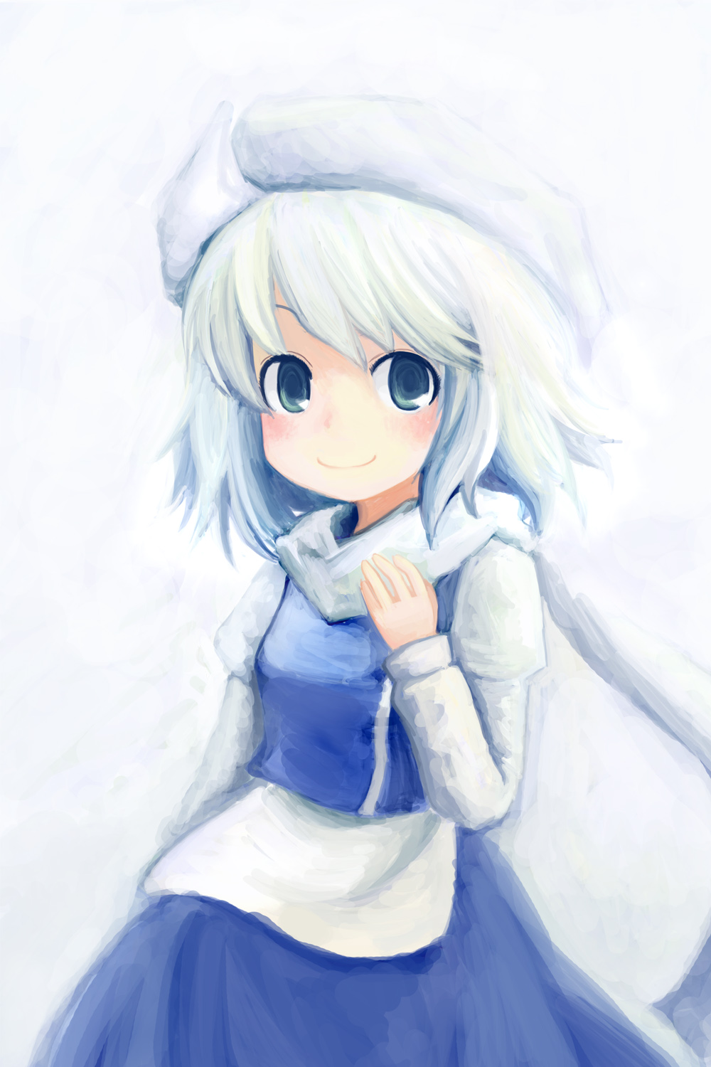 mugi (banban53), letty whiterock, touhou, light purple hair, bad id, bad pixiv id, highres, 1girl, aged down, female focus, hat, purple eyes, scarf, short hair, smile, solo, white scarf