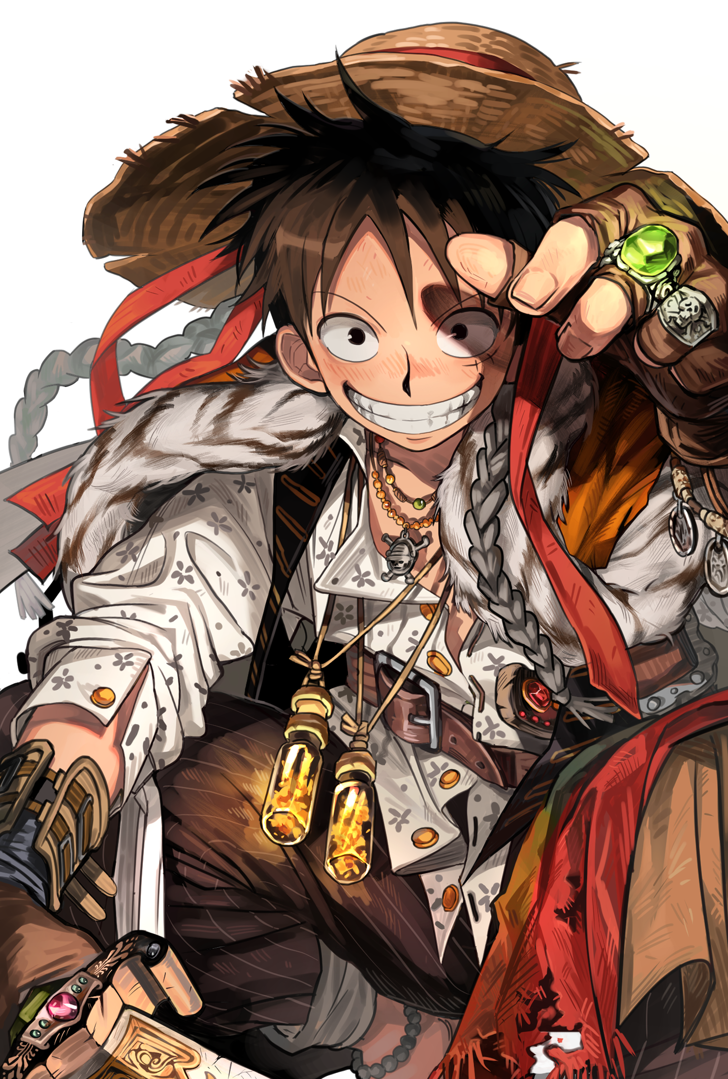 sam one111, monkey d. luffy, one piece, highres, mixed-language commentary, 1boy, anklet, arm up, bead anklet, beads, belt, belt buckle, black hair, brown belt, brown gloves, brown pants, buckle, clenched teeth, facial scar, fingerless gloves, gloves, grin, hat, jewelry, looking at viewer, male focus, necklace, pants, ring, scar, scar on cheek, scar on face, shirt, short hair, smile, solo, squatting, straw hat, teeth, upper body, white background, white shirt
