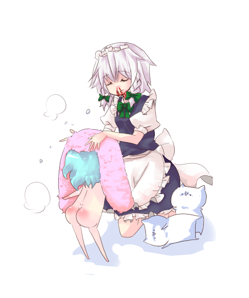piyyoota, izayoi sakuya, remilia scarlet, touhou, bad id, bad pixiv id, 1girl, blood, chibi, closed eyes, female focus, kneeling, loli, maid, nosebleed, nude, smile, standing, steam, towel, white background