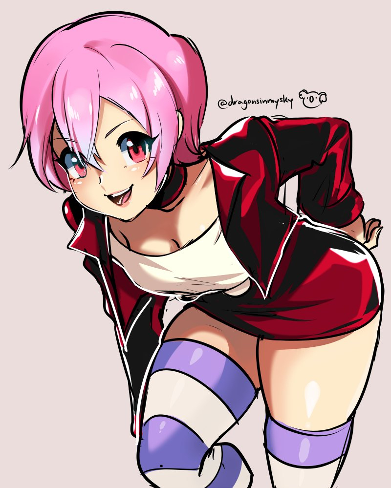 d-ryuu, lilith (darkstalkers), darkstalkers, commentary, english commentary, 1girl, alternate costume, artist logo, breasts, cleavage, crossed bangs, demon girl, double-parted bangs, feet out of frame, gradient hair, grey background, hair between eyes, hand on own thigh, jacket, leaning forward, logo, long sleeves, looking at viewer, multicolored hair, open mouth, pencil skirt, pink hair, purple thighhighs, red eyes, red jacket, red skirt, shirt, short hair, signature, simple background, skirt, smile, solo, striped clothes, striped thighhighs, thighhighs, white hair, white shirt, white thighhighs, zettai ryouiki