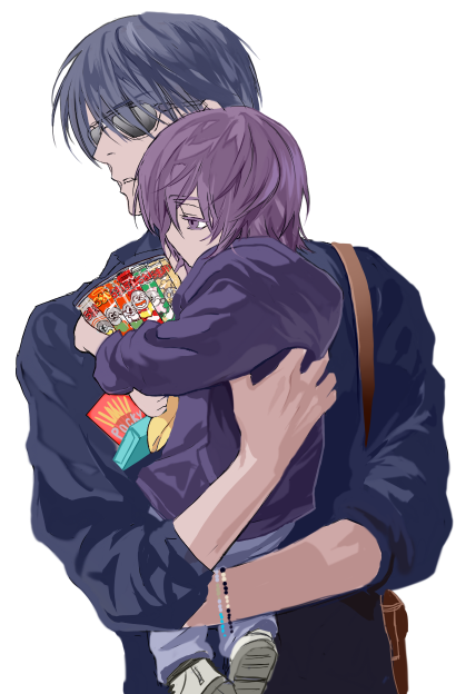 aso lago, himuro tatsuya, murasakibara atsushi, kuroko no basuke, commentary request, 2boys, aged down, baby, bag, black hair, carrying, carrying baby, carrying person, food, jewelry, looking to the side, male focus, multiple boys, necklace, pocky, purple hair, short hair, shoulder bag, simple background, sunglasses, white background