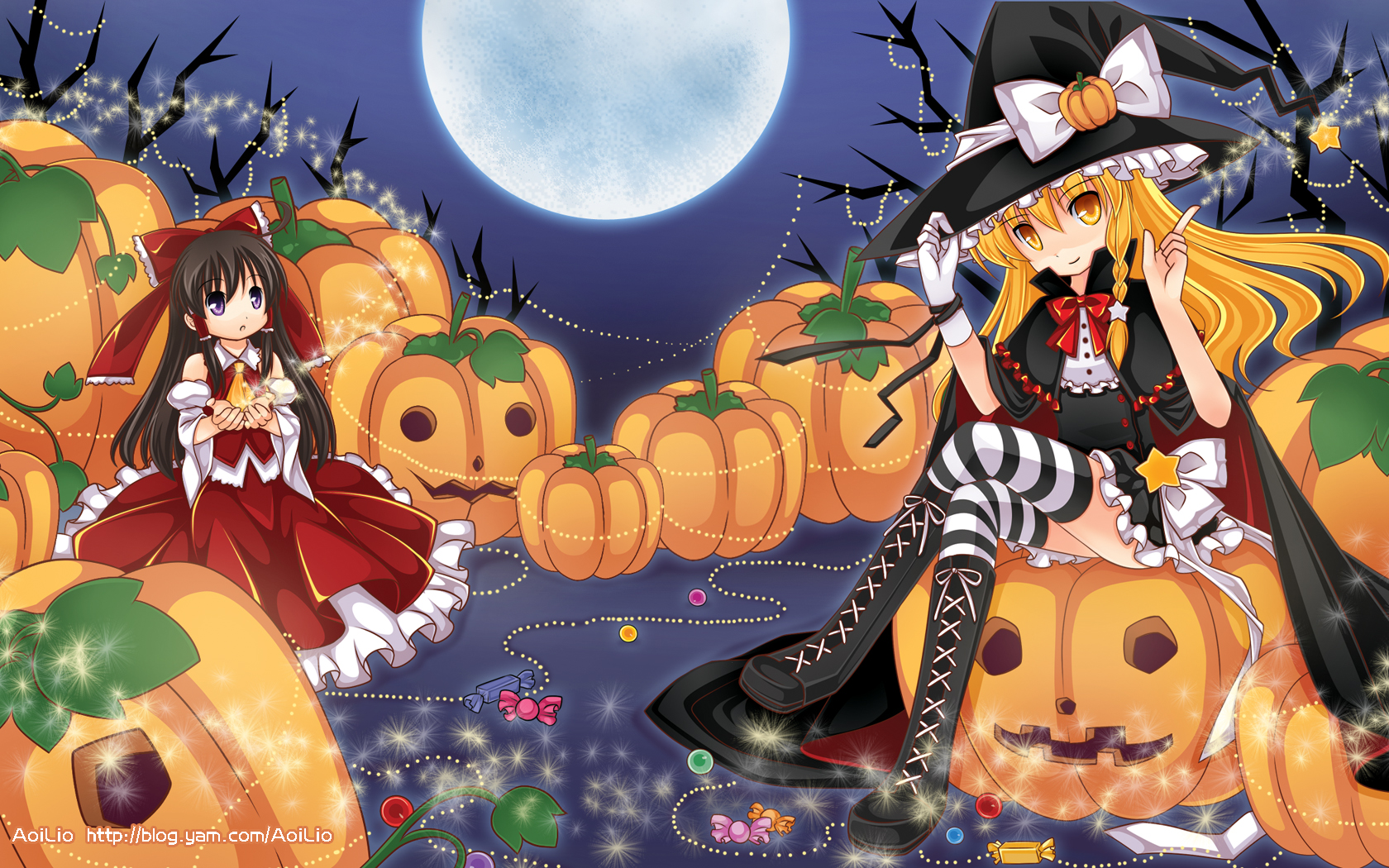 aoilio, hakurei reimu, kirisame marisa, touhou, striped, bad id, bad pixiv id, highres, 2girls, black hair, blonde hair, blue eyes, bow, braid, brown hair, candy, cape, detached sleeves, female focus, food, food-themed hair ornament, full moon, gloves, hair bow, hair ornament, halloween, hat, jack-o'-lantern, japanese clothes, long hair, miko, moon, multiple girls, night, pumpkin, pumpkin hair ornament, ribbon, smile, star (symbol), thighhighs, watermark, witch, witch hat, yellow eyes