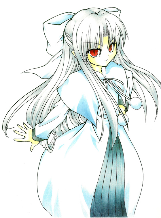 white len (tsukihime), melty blood, tsukihime, marker (medium), nib pen (medium), pen (medium), traditional media, 00s, 1girl, female focus, half updo, long hair, pointy ears, red eyes, ribbon, solo, white hair