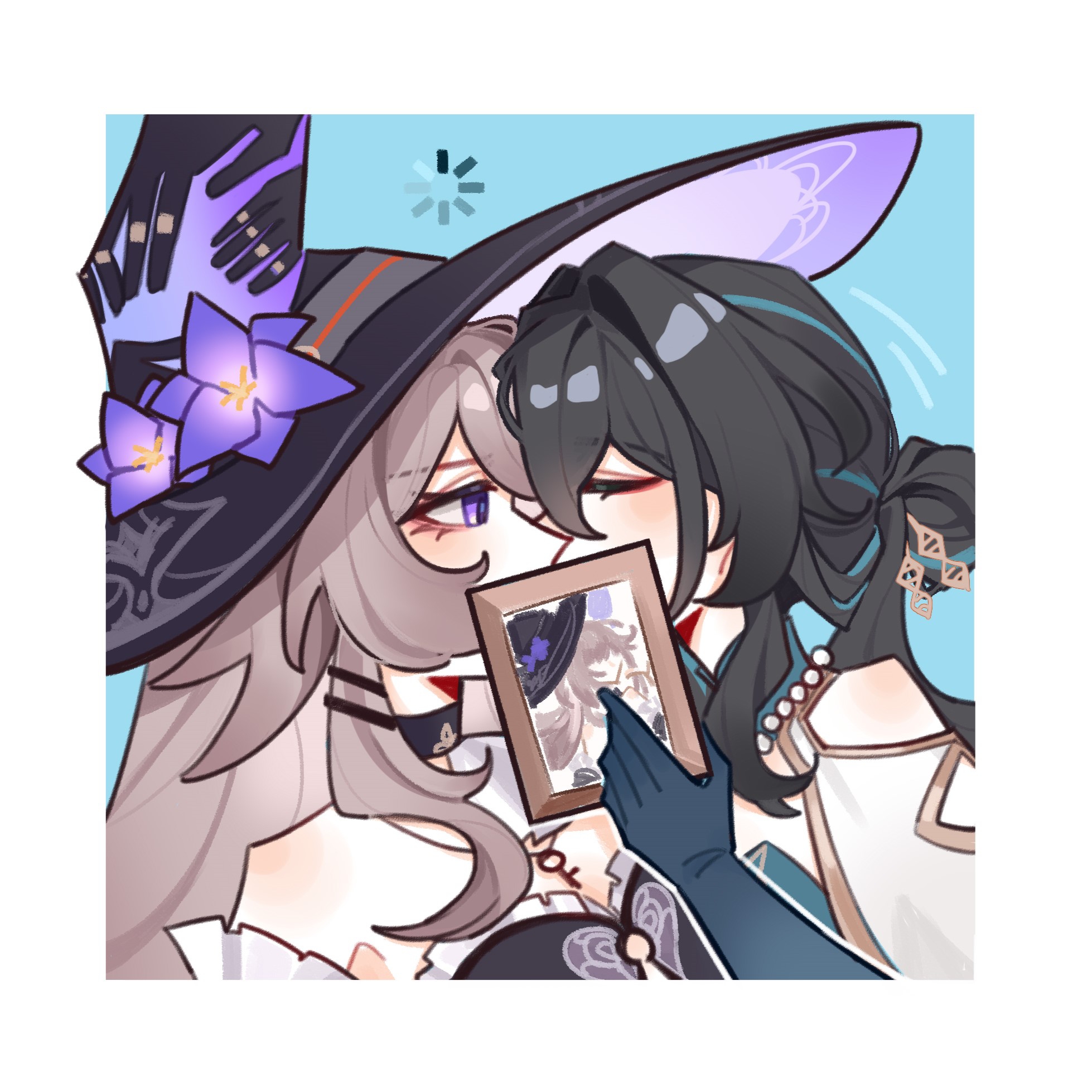 herta (honkai: star rail), ruan mei (honkai: star rail), the herta (honkai: star rail), honkai: star rail, honkai (series), chinese commentary, commentary request, highres, 2girls, aqua gem, black hair, blue background, border, breasts, brown hair, dreaming-of-flying-free, gem, hat, holding portrait, implied kiss, jewelry, loading icon, long hair, multiple girls, necklace, pearl necklace, purple eyes, upper body, very long hair, white border, witch hat, yuri
