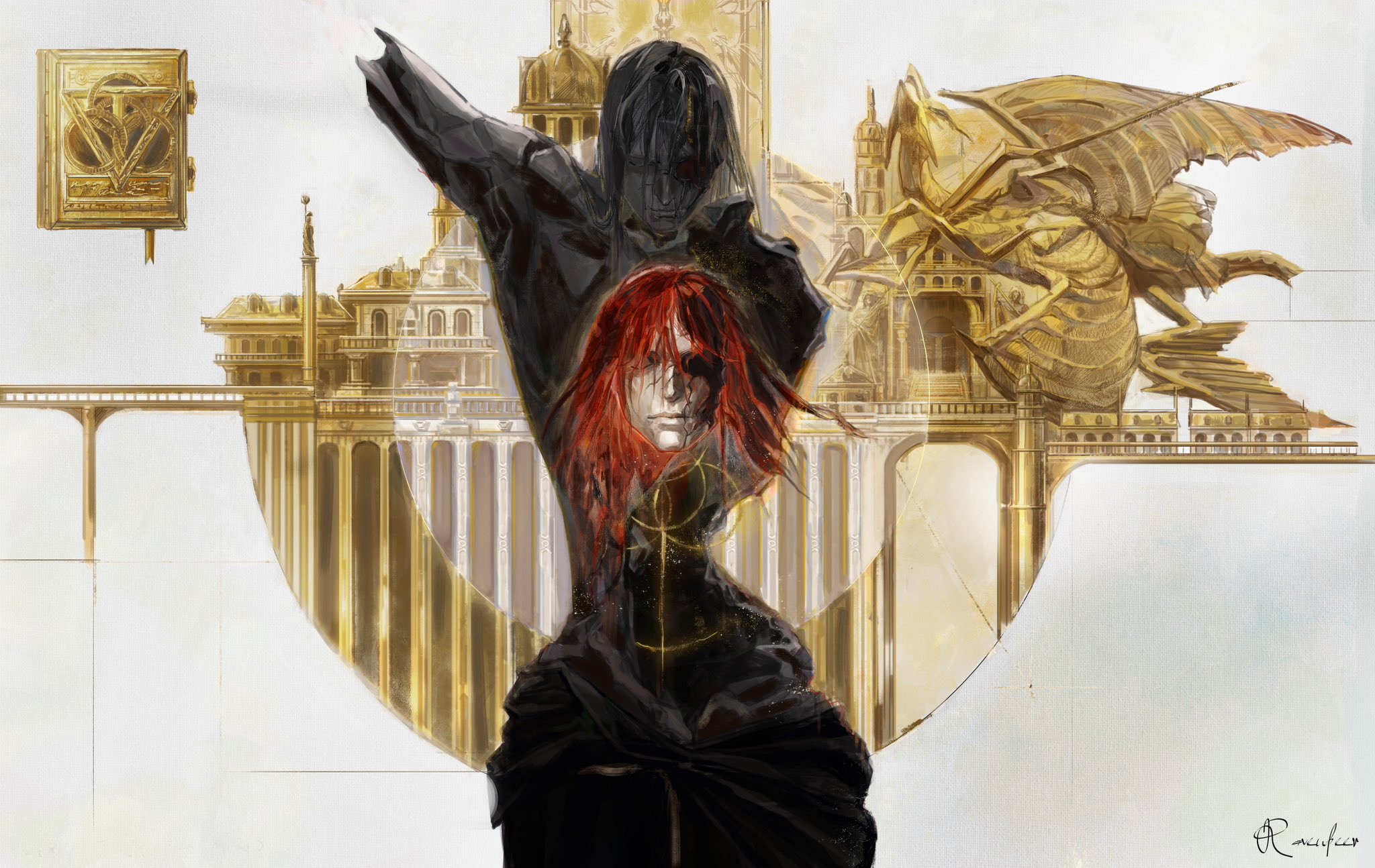 chenyangforone, queen marika the eternal, radagon of the golden order, elden ring, commentary, english commentary, highres, 1boy, 1girl, arm up, black robe, broken statue, cityscape, convenient censoring, cracked skin, dragon, elden ring (object), erdtree (elden ring), great rune (elden ring), in-universe location, medium hair, muscular, red hair, robe, sigil, signature, statue, upper body