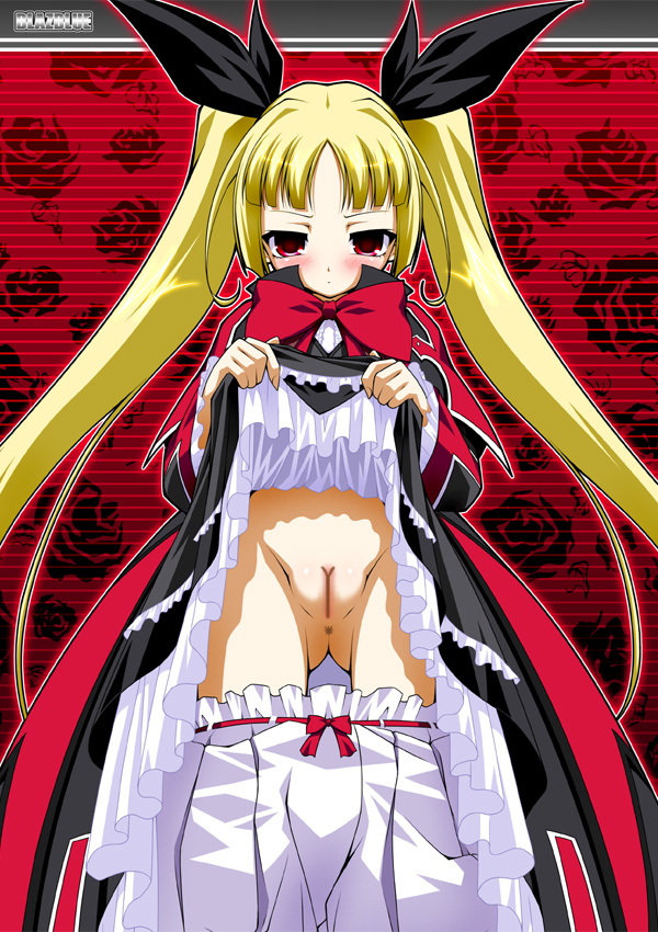 livehouse, rachel alucard, arc system works, blazblue, anus, bloomers, blush, bow, clothes lift, hair bow, loli, no panties, pussy, red eyes, skirt, skirt lift, uncensored, underwear, vampire