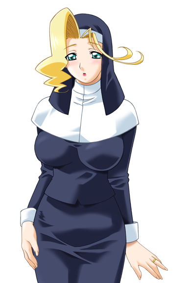 gan-chan (artist), sophie andrea yukitou, hitozuma sentai aisaiger, game cg, large variant set, non-web source, official art, variant set, 1girl, aqua eyes, blonde hair, blue eyes, blush, breasts, jewelry, large breasts, lipstick, makeup, nun, ring, solo, traditional nun, transparent background