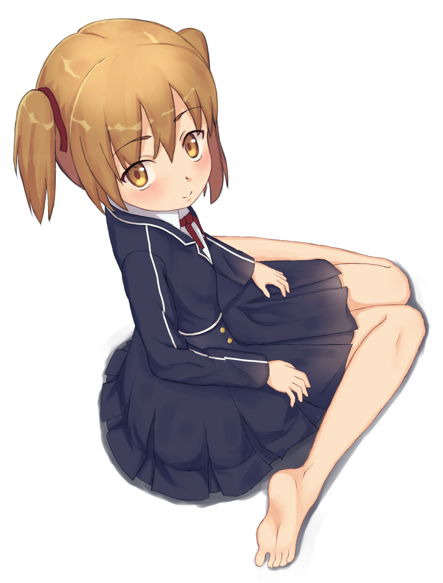 nanakusa fumi, silica, sword art online, commentary request, 1girl, barefoot, black jacket, black skirt, blush, breasts, brown eyes, brown hair, collar, collared shirt, dutch angle, feet, from above, full body, hair between eyes, hair ribbon, jacket, looking at viewer, looking up, medium hair, medium skirt, neck ribbon, red ribbon, ribbon, sao survivor school uniform, school uniform, shirt, short twintails, simple background, sitting, skirt, small breasts, smile, soles, solo, twintails, wariza, white background, white collar, white shirt