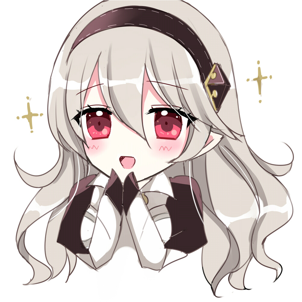 kirishima riona, female corrin (fire emblem), fire emblem, fire emblem fates, nintendo, commentary request, 1girl, :d, black gloves, black hairband, blush, breasts, chibi, chibi only, cropped torso, gloves, grey hair, hair between eyes, hairband, hands up, looking at viewer, open mouth, red eyes, simple background, small breasts, smile, solo, sparkle, upper body, white background
