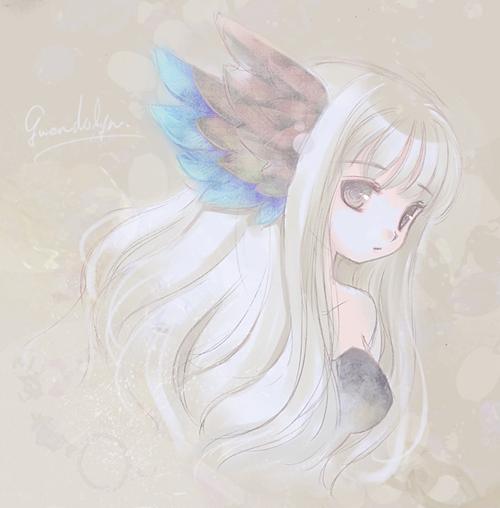 toyodaeri, gwendolyn (odin sphere), odin sphere, bare shoulders, blue eyes, hair down, hair ornament, solo, white hair