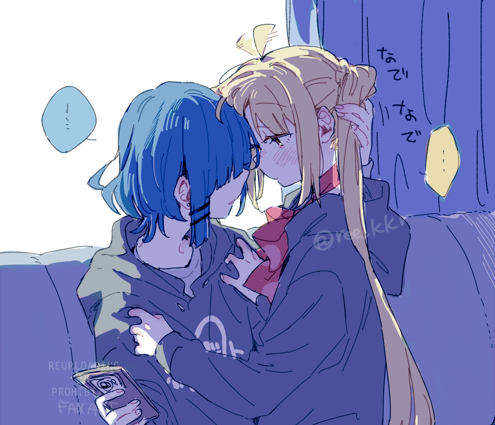 ree (re-19), ijichi nijika, yamada ryo, bocchi the rock!, commentary request, …, 2girls, ahoge, black hoodie, blonde hair, blue hair, blush, cellphone, hair wagging, hand in another's hair, holding, holding phone, hood, hoodie, long hair, multiple girls, parted lips, phone, red eyes, short hair, side ponytail, smartphone, spoken ellipsis, yuri