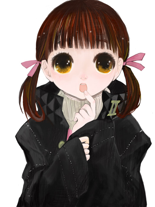 honoka (pandatype), doujima nanako, atlus, persona, persona 4, bad id, bad pixiv id, blunt bangs, borrowed clothes, brown eyes, brown hair, eye focus, jacket, ribbon, short twintails, simple background, solo, twintails, white background