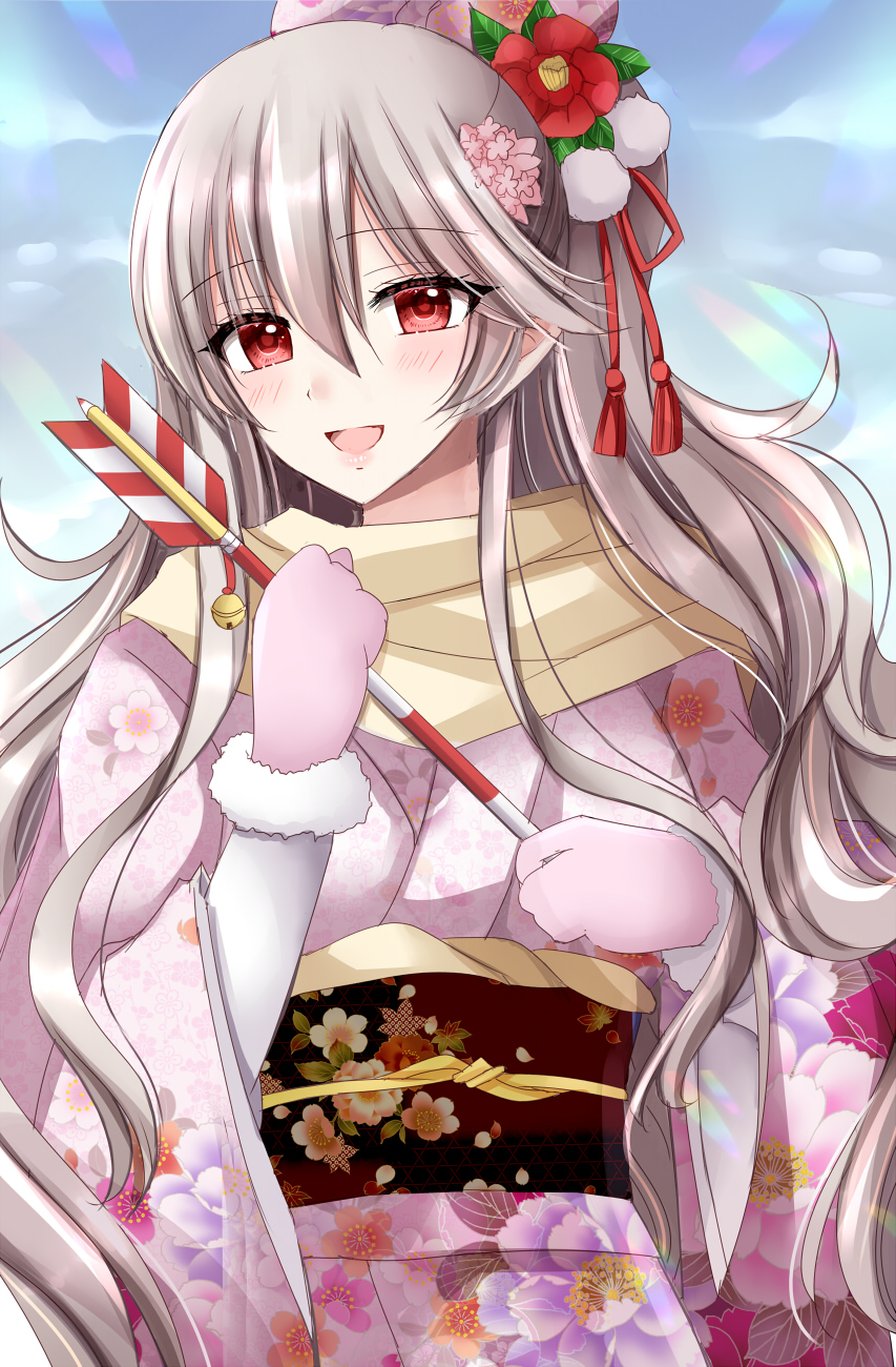 kirishima riona, female corrin (fire emblem), fire emblem, fire emblem fates, nintendo, commentary request, highres, 1girl, alternate costume, alternate hairstyle, arrow (projectile), breasts, eyelashes, floral print, floral print kimono, flower, gloves, grey hair, hair flower, hair ornament, japanese clothes, kimono, long hair, looking at viewer, medium breasts, new year, open mouth, pink gloves, pink kimono, ponytail, print kimono, red eyes, red flower, red pupils, smile, solo