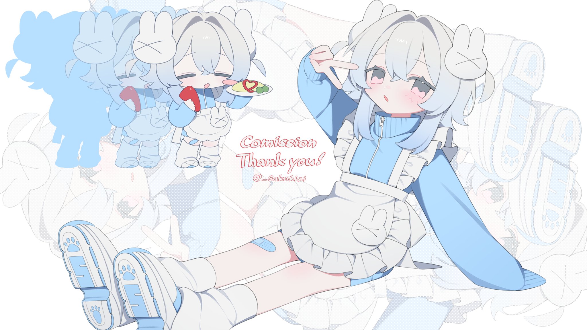 original, commentary, highres, 1girl, apron, bandaid, bandaid on knee, bandaid on leg, blue jacket, chibi, chibi inset, food, frilled apron, frills, grey hair, hair intakes, hair ornament, hand up, high collar, holding, holding food, jacket, leg warmers, long sleeves, looking at viewer, maid apron, omelet, omurice, rabbit hair ornament, sakakiai, sitting, track jacket, v, white apron, white leg warmers, zipper