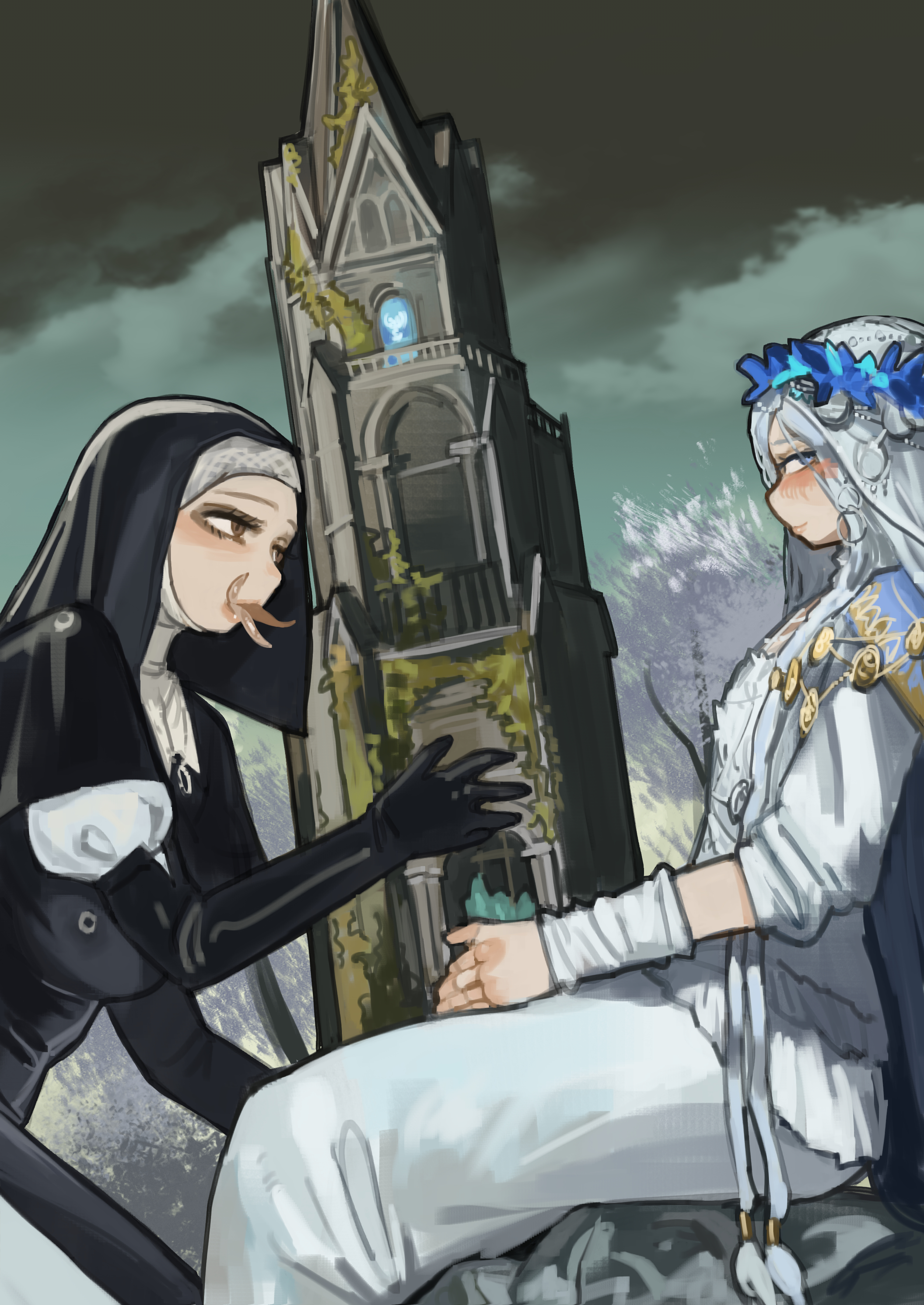 miao jiangyou, revenant (elden ring), undertaker (elden ring), elden ring, elden ring nightreign, absurdres, highres, 2girls, black gloves, black hood, blue cape, blue eyes, braid, breasts, brown eyes, cape, doll joints, flower wreath, from side, gloves, gold trim, hands on lap, head wreath, in-universe location, jewelry, joints, kneeling, large breasts, long hair, looking at another, looking at viewer, looking to the side, low twin braids, moss, multiple girls, necklace, outdoors, reaching, rock, sitting, tentacle in mouth, tentacle tongue, tower, twin braids, veil, white coif, white hair, white veil