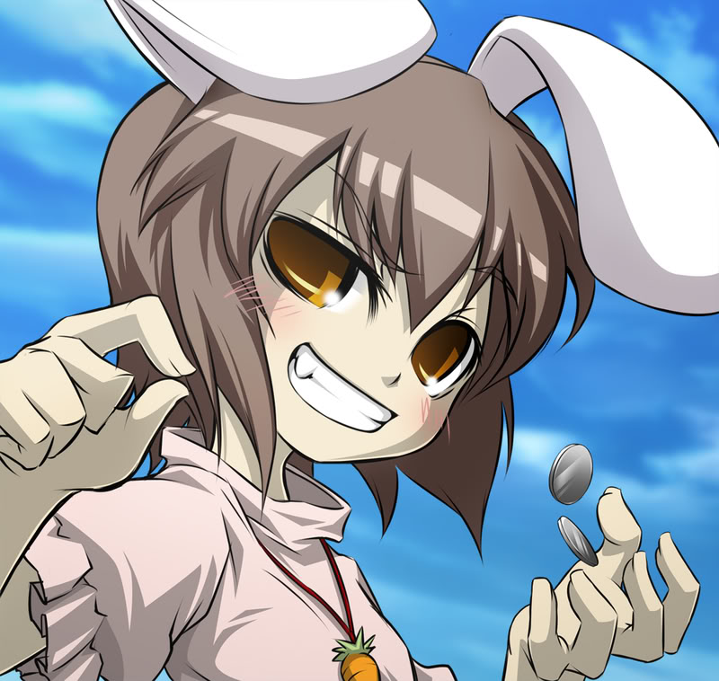 noya makoto, inaba tewi, phantasmagoria of flower view, touhou, md5 mismatch, resolution mismatch, source larger, 1girl, animal ears, black hair, blush, brown eyes, brown hair, carrot, carrot necklace, coin, evil grin, evil smile, fang, female focus, grin, jewelry, necklace, rabbit ears, short hair, smile, solo