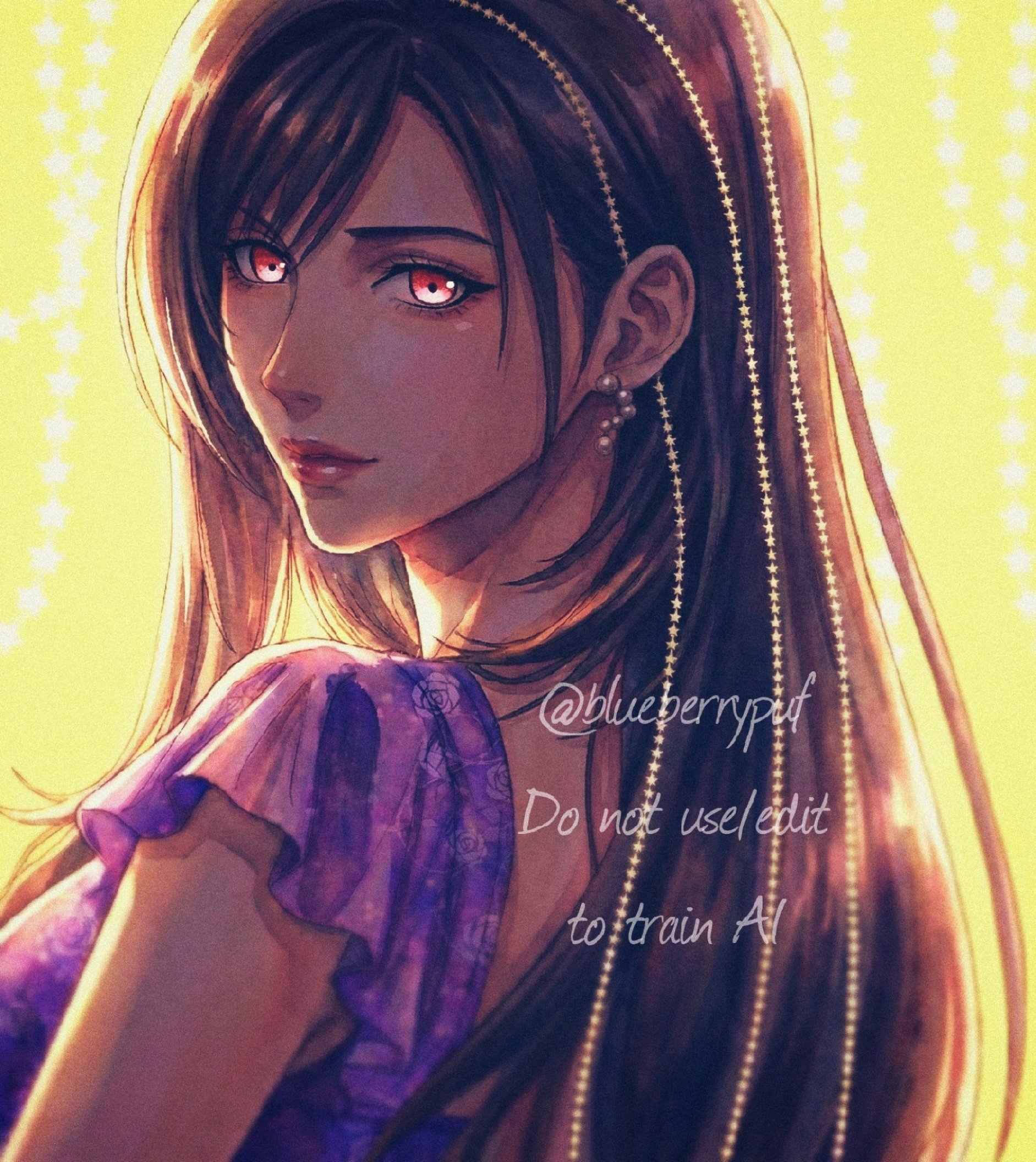 tifa lockhart, final fantasy, final fantasy vii, final fantasy vii remake, commentary, english commentary, highres, 1girl, alternate costume, beads, black hair, closed mouth, dress, earrings, eyelashes, floral print, floral print dress, frilled dress, frilled sleeves, frills, from behind, golden hour, hair beads, hair behind ear, hair ornament, jewelry, lips, long hair, looking at viewer, looking back, monsterbf1ilove, print dress, purple dress, red eyes, red lips, solo, swept bangs, twitter username, upper body, yellow background