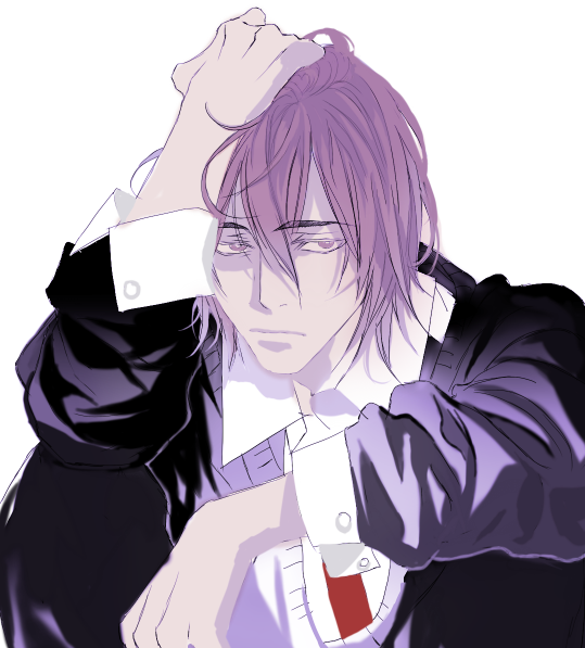 aso lago, murasakibara atsushi, kuroko no basuke, commentary request, 1boy, black pants, black sweater, closed mouth, collared shirt, hand on own head, knees up, looking at viewer, male focus, pants, shirt, simple background, sitting, solo, sweater, white background, white shirt