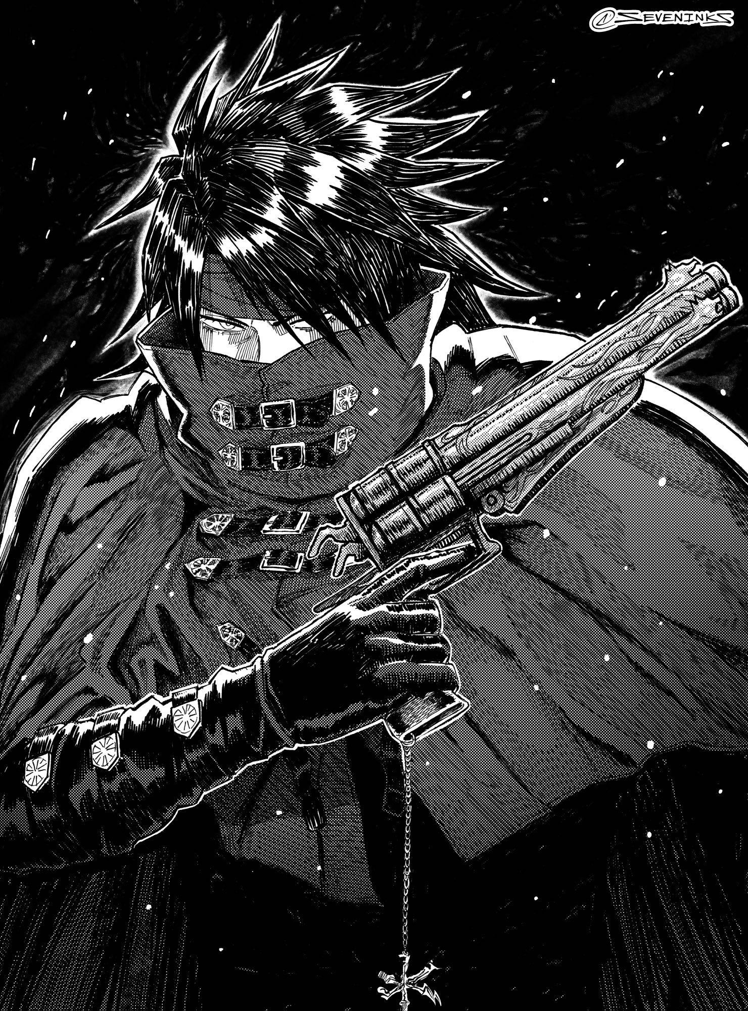 seveninks, vincent valentine, final fantasy, final fantasy vii, commentary, highres, 1boy, belt buckle, black background, black gloves, black hair, buckle, cape, cloak, covered mouth, gloves, greyscale, gun, hair between eyes, headband, holding, holding gun, holding weapon, long hair, male focus, monochrome, solo, spiked hair, twitter username, upper body, weapon
