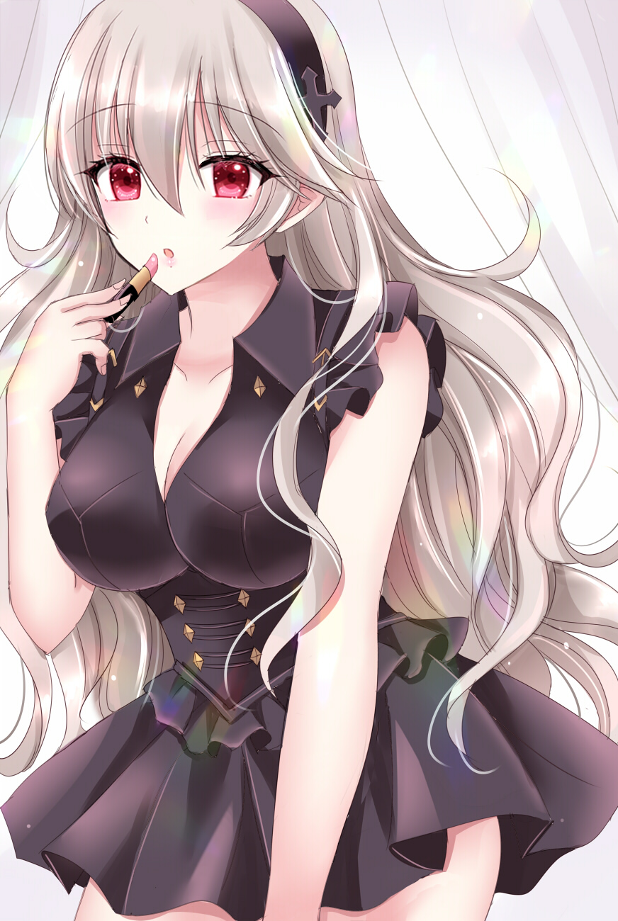 kirishima riona, female corrin (fire emblem), fire emblem, fire emblem fates, nintendo, commentary request, highres, 1girl, :o, alternate costume, bare arms, black hairband, black shirt, black skirt, breasts, brown hair, cleavage, collarbone, collared shirt, cosmetics, hair between eyes, hairband, holding, large breasts, lipstick, lipstick tube, long hair, looking at viewer, makeup, parted lips, pleated skirt, red eyes, shirt, skirt, solo, thighs, very long hair