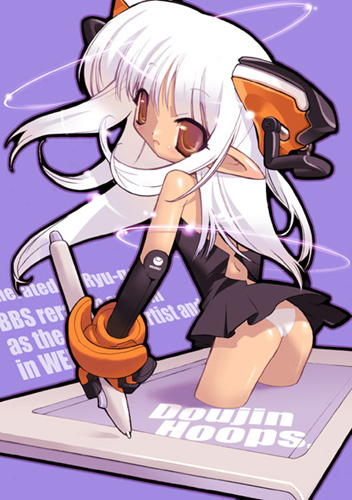 blade (galaxist), original, lowres, 1girl, ass, brown eyes, drawing tablet, female focus, gloves, long hair, pointy ears, quality, solo, stylus, white hair
