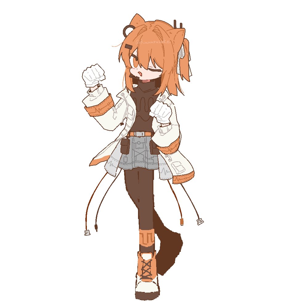 kurusuke (kurumi), adachi rei, a.i. voice, utau, commentary request, 1girl, animal ears, black pantyhose, black shirt, cable, cat ears, full body, gloves, grey skirt, hands up, jacket, kemonomimi mode, miniskirt, one eye closed, open clothes, open jacket, orange eyes, orange hair, orange shoes, pantyhose, paw pose, shirt, shoes, simple background, skirt, solo, standing, white background, white gloves, white jacket