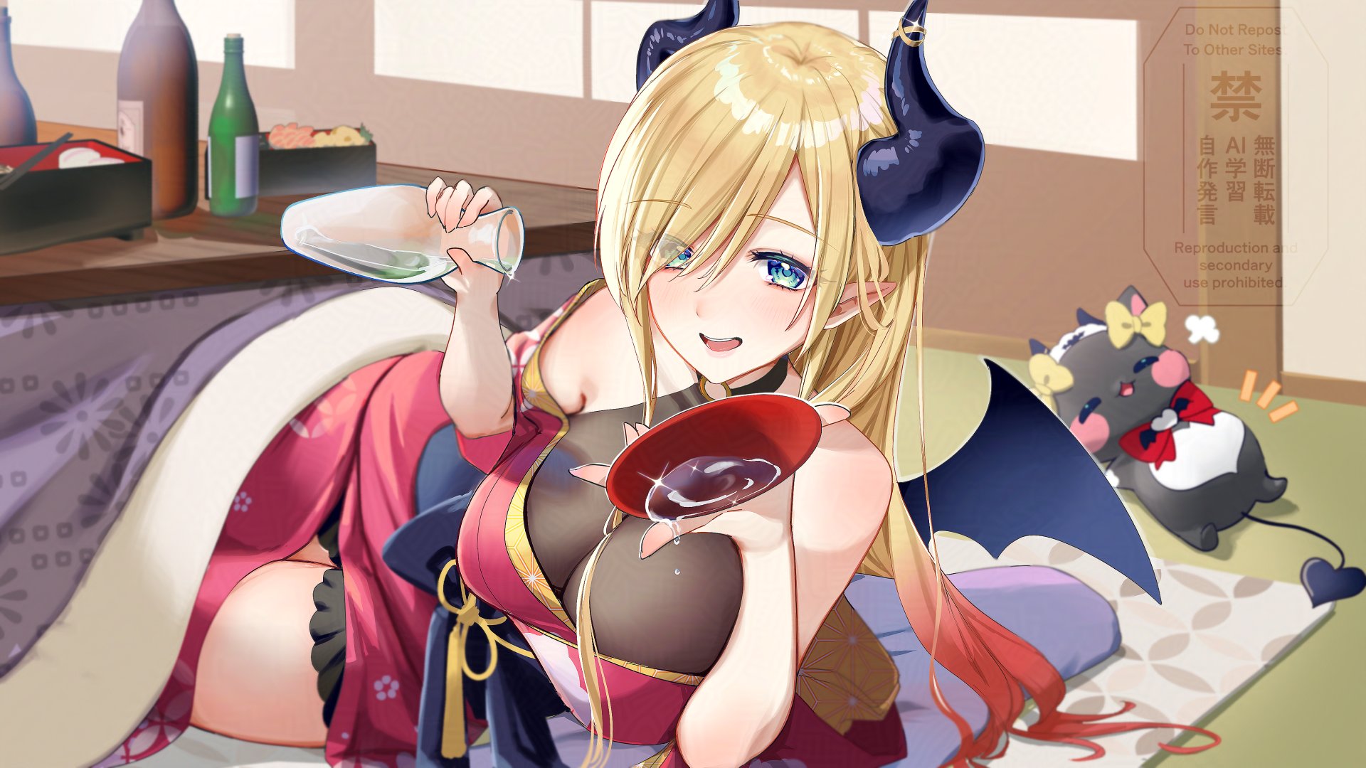 sunano reona, chocolat-chan (yuzuki choco), yuzuki choco, hololive, commentary request, highres, 1girl, bare shoulders, bent over, black horns, black tail, black wings, blonde hair, blue eyes, blush, bodystocking, bottle, breasts, cup, demon girl, demon horns, demon tail, demon wings, eyelashes, horns, indoors, japanese clothes, kimono, kotatsu, large breasts, long hair, off shoulder, parted lips, pointy ears, red kimono, sakazuki, sake bottle, solo focus, table, tail, under kotatsu, under table, virtual youtuber, watermark, wings