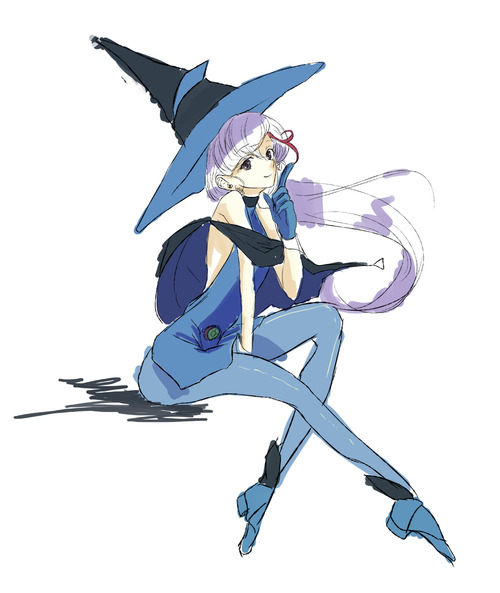 katou taira, aikawa akane, mahou tsukai tai!, 1girl, bare shoulders, blue pantyhose, female focus, full body, hat, legs, long hair, pantyhose, simple background, sitting, solo, white background, witch hat