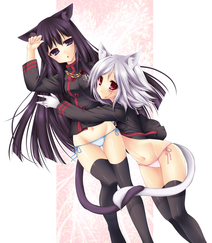 sagami rin, allen walker, kanda yuu, d.gray-man, silver hair, gender request, 2girls, animal ears, black hair, blue eyes, blue panties, cat ears, cat tail, genderswap, gloves, groin, long hair, lying, multiple girls, navel, open mouth, panties, red eyes, short hair, side-tie panties, striped clothes, striped panties, tail, thighhighs, underwear, yuri