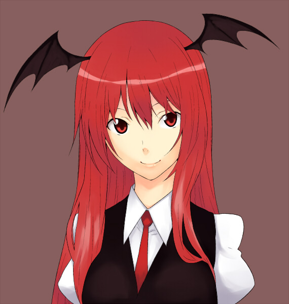 hiroya juuren, koakuma, embodiment of scarlet devil, touhou, 1girl, bat wings, female focus, head wings, long hair, red eyes, red hair, simple background, solo, wings