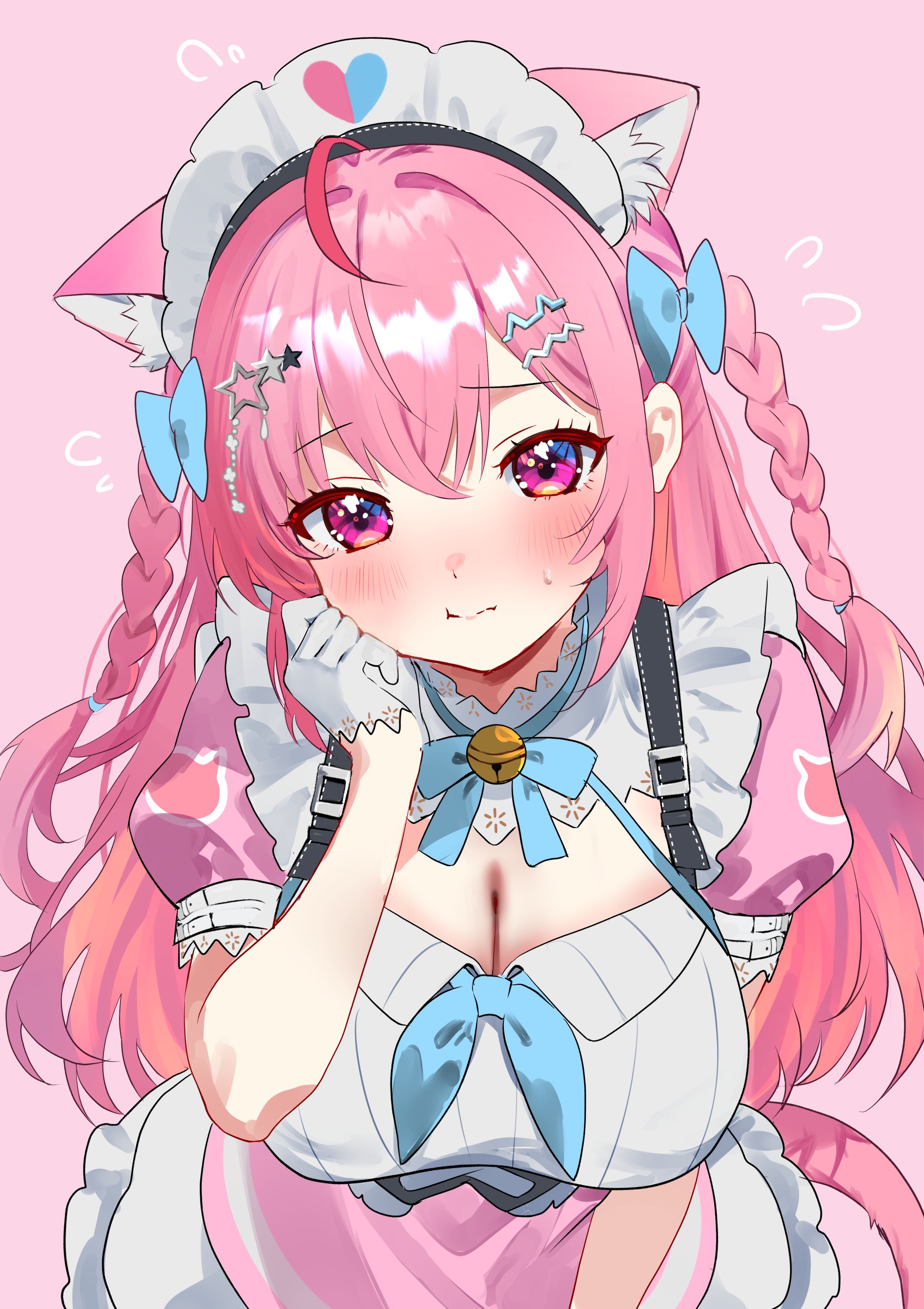 nta (n tan2), yuuki sakuna, yuuki sakuna (3rd costume), indie virtual youtuber, absurdres, commentary, highres, symbol-only commentary, 1girl, ahoge, animal ear fluff, animal ears, blue bow, blush, bow, braid, breasts, cat ears, cat girl, cleavage, closed mouth, double-parted bangs, dress, flying sweatdrops, gloves, hair between eyes, hair bow, hair ornament, hairclip, hand on own cheek, hand on own face, large breasts, long hair, looking at viewer, maid, maid headdress, parallel hairclips, pink background, pink dress, pink eyes, pink hair, short sleeves, simple background, small sweatdrop, solo, star (symbol), star hair ornament, twin braids, upper body, virtual youtuber, white gloves