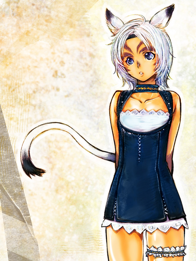 doraeshi, mithra (ff11), final fantasy, final fantasy xi, bad id, bad pixiv id, 00s, 1girl, ahoge, animal ears, arms behind back, blue eyes, cat ears, cat girl, cat tail, choker, dark-skinned female, dark skin, dress, facial mark, female focus, flat chest, forehead mark, frilled thigh strap, short dress, short hair, solo, tail, thigh strap, white hair