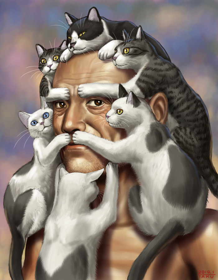 matataku, monita (matataku), original, 10s, 1boy, 2010, animal, animal on head, bald, beard, brown eyes, cat, cat on head, dated, facial hair, male focus, manly, old, old man, on head, optical illusion, realistic, solo, too many, too many cats, what