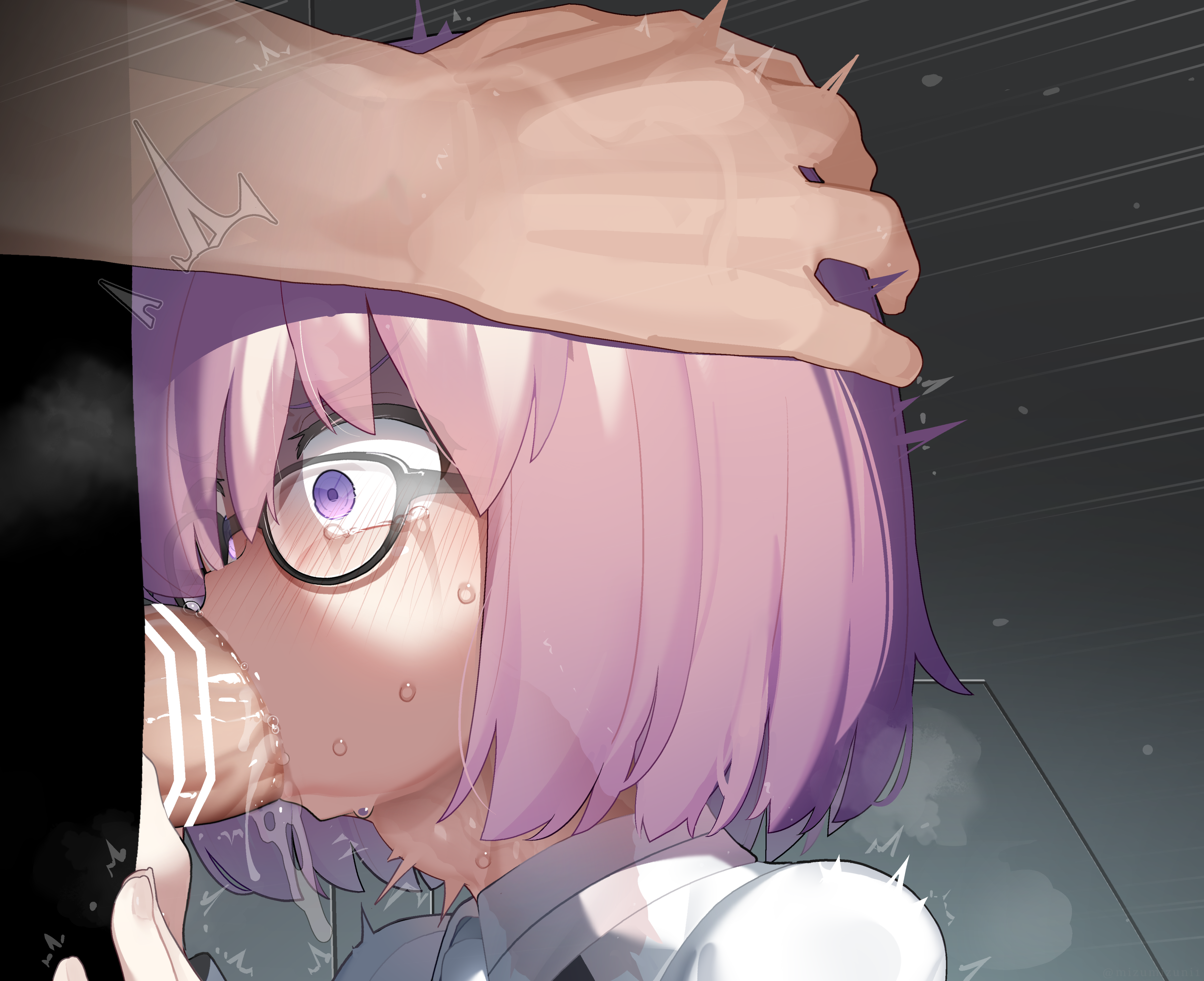 mizumizuni, mash kyrielight, fate/grand order, fate (series), absurdres, commentary request, highres, large variant set, paid reward available, variant set, 1boy, 1girl, bar censor, censored, collared shirt, constricted pupils, deepthroat, fellatio, glasses, hand on another's head, hetero, irrumatio, large penis, oral, penis, penis grab, purple eyes, purple hair, saliva, shirt, short hair, solo focus, sweat, tearing up, tears, veins, veiny penis, white shirt