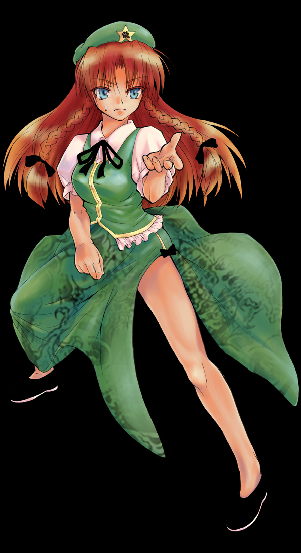 konoe yuba, hong meiling, embodiment of scarlet devil, touhou, bad id, bad pixiv id, 1girl, blue eyes, bow, braid, breasts, china dress, chinese clothes, dress, female focus, full body, hat, long hair, red hair, simple background, solo, twin braids