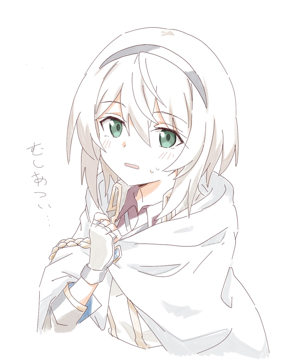 shiroirosky, amnesia (majo no tabitabi), majo no tabitabi, highres, 1girl, black hairband, blush, cape, cloak, collared jacket, collared shirt, cropped torso, double-parted bangs, fingerless gloves, gloves, green eyes, hair between eyes, hairband, hand up, jacket, long sleeves, looking at viewer, open mouth, parted lips, shirt, short hair, simple background, solo, sweat, sweatdrop, upper body, white background, white cape, white cloak, white gloves, white hair, white jacket