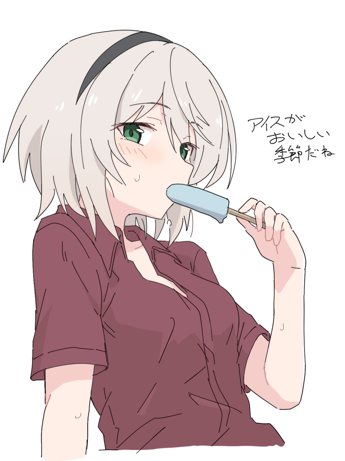 shiroirosky, amnesia (majo no tabitabi), majo no tabitabi, highres, 1girl, black hairband, blush, breasts, collared shirt, cropped torso, eating, food, food in mouth, green eyes, grey hair, hair between eyes, hairband, hand up, holding, holding food, holding popsicle, looking at viewer, popsicle, popsicle in mouth, red shirt, shirt, short hair, short sleeves, simple background, small breasts, solo, sweat, upper body, white background