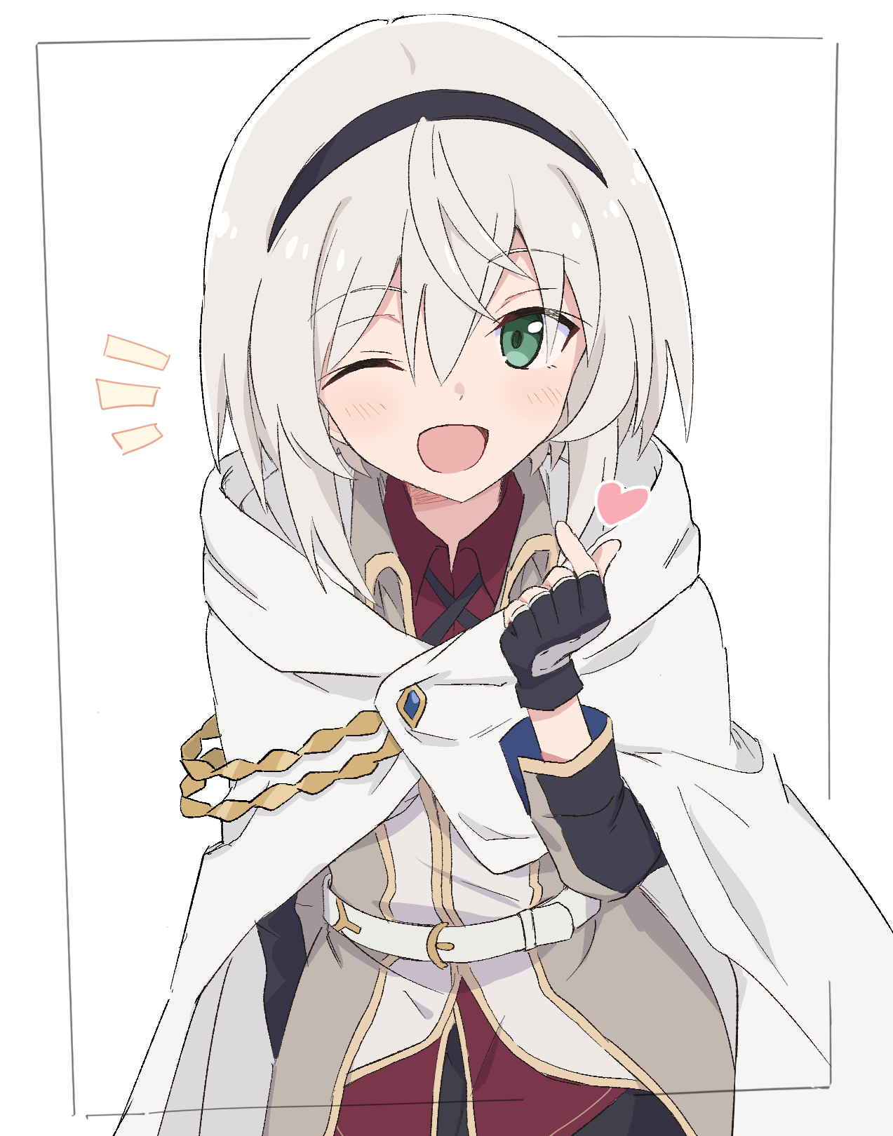 shiroirosky, amnesia (majo no tabitabi), majo no tabitabi, commentary request, highres, 1girl, ;d, belt, black gloves, black hairband, black skirt, blush, cape, cloak, coat, collared shirt, finger heart, fingerless gloves, gloves, green eyes, grey hair, hair between eyes, hairband, hand up, heart, hood, hooded cloak, long sleeves, looking at viewer, medium hair, notice lines, one eye closed, open mouth, red shirt, shirt, short hair, simple background, skirt, smile, solo, white background, white cape, white cloak, white hair