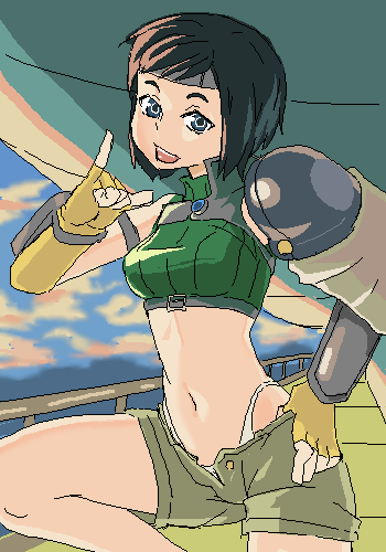 curry (dbt), yuffie kisaragi, final fantasy, final fantasy vii, lowres, 1990s (style), 1girl, m/, aircraft, airship, armor, brown eyes, brown hair, dusk, female focus, fingerless gloves, flying, gloves, headband, highleg, highleg panties, highwind, midriff, oekaki, open fly, outdoors, panties, pinky out, retro artstyle, shaka sign, short hair, shorts, sky, sleeveless, sleeveless turtleneck, smile, solo, turtleneck, underwear, unzipped