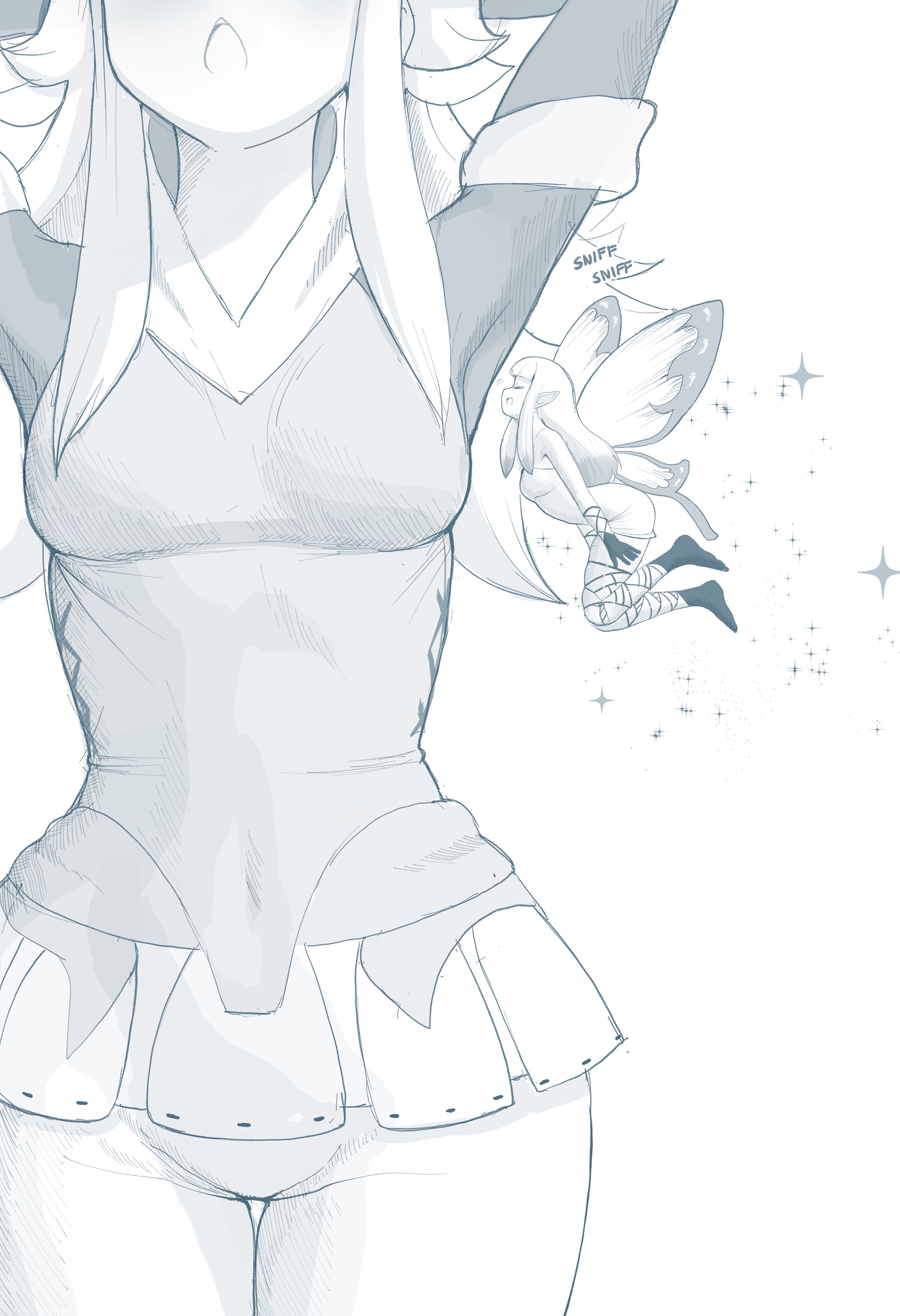 sally (luna-arts), airy (bravely default), edea lee, bravely default: flying fairy, bravely default (series), absurdres, commentary, english commentary, highres, 2girls, arms up, blush, butterfly wings, cross-laced clothes, cross-laced legwear, fairy, fairy wings, floating, head out of frame, insect wings, mini person, minigirl, multiple girls, open mouth, size difference, smelling, smelling armpit, sparkle, teeth, thigh gap, upper teeth only, wings, yuri