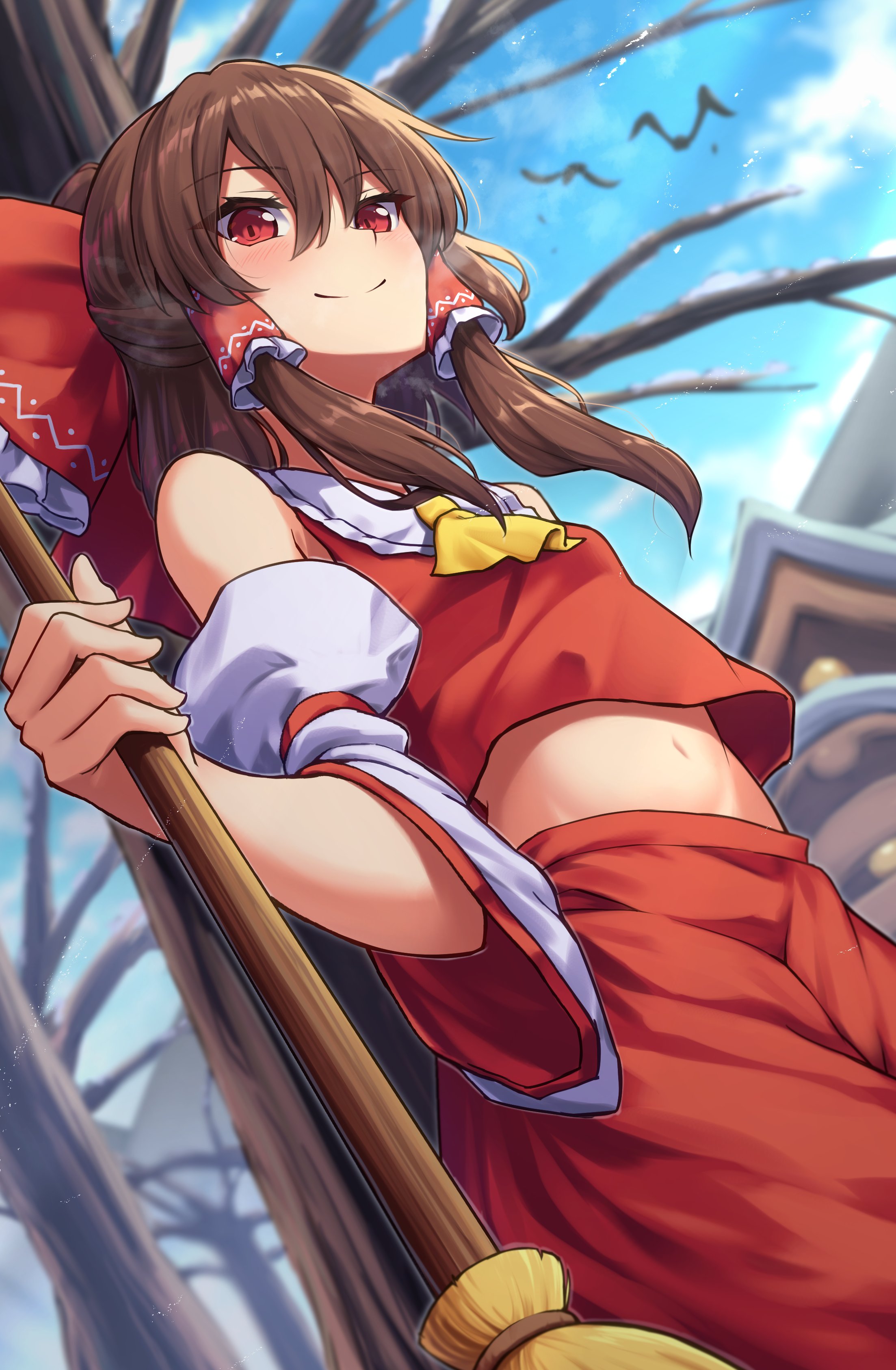 yosshy, hakurei reimu, touhou, absurdres, commentary request, highres, 1girl, bare shoulders, blush, breasts, brown eyes, brown hair, cowboy shot, cropped shirt, detached sleeves, midriff, outdoors, red shirt, red skirt, shirt, skirt, small breasts, snow, solo, white sleeves